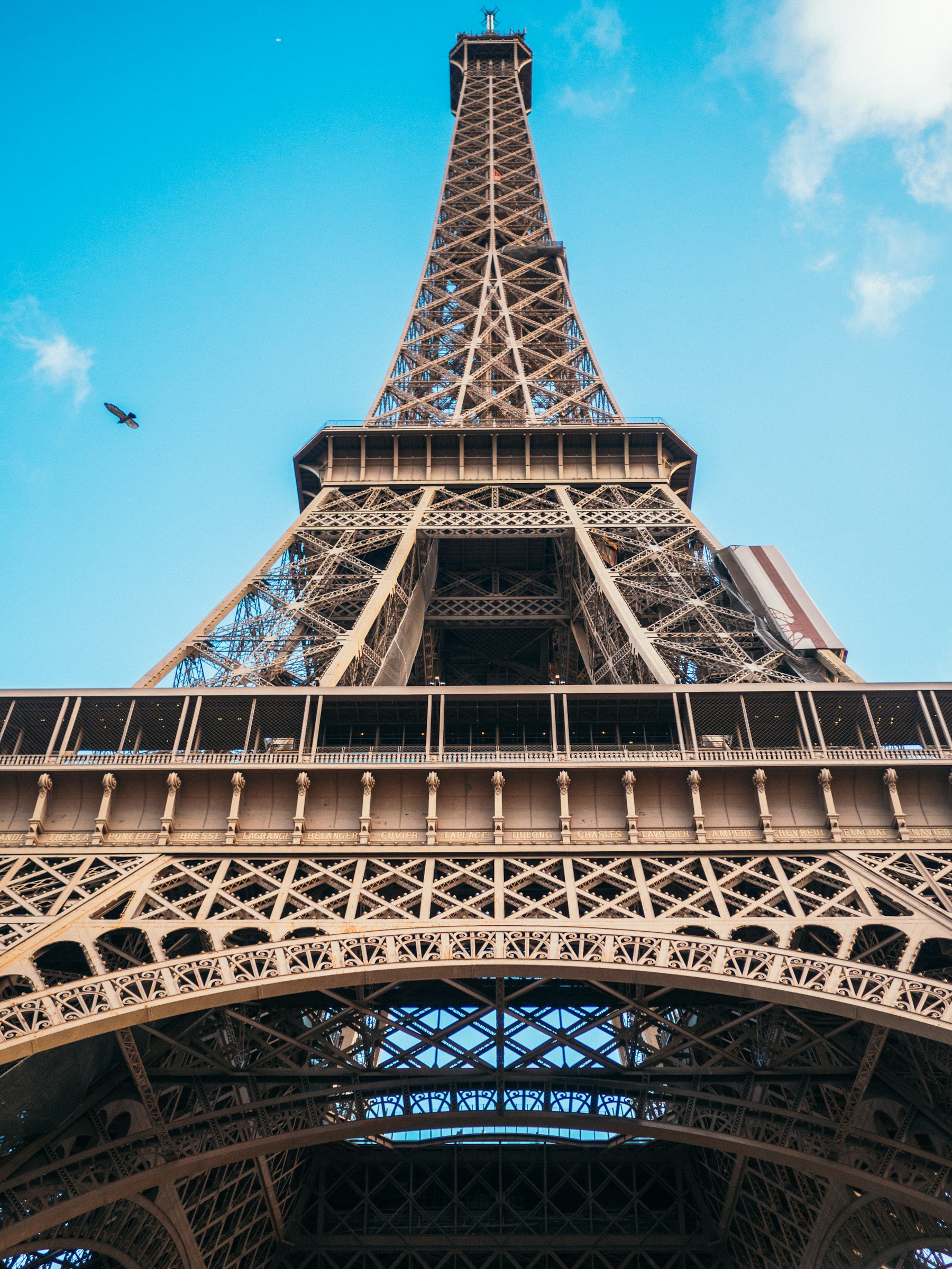 The iron lattice structure of the Eiffel Tower seen from below