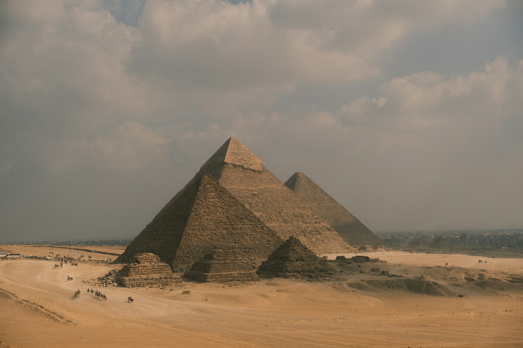 The Great Pyramids of Giza rising from the Egyptian desert