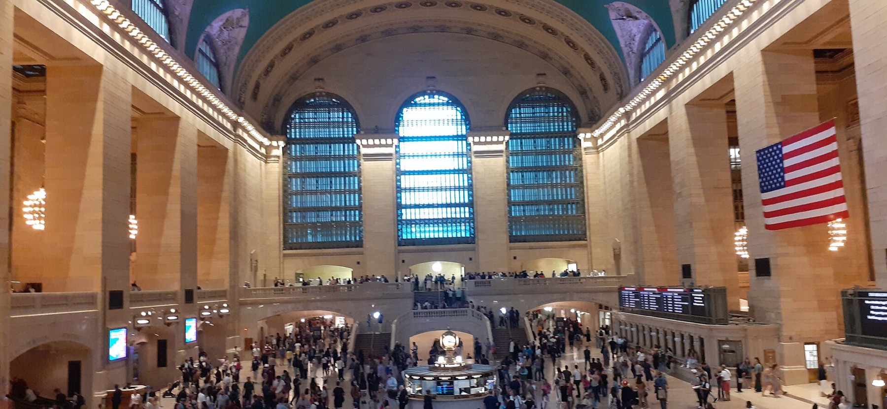 The main concourse of Grand Central Terminal filled with light
