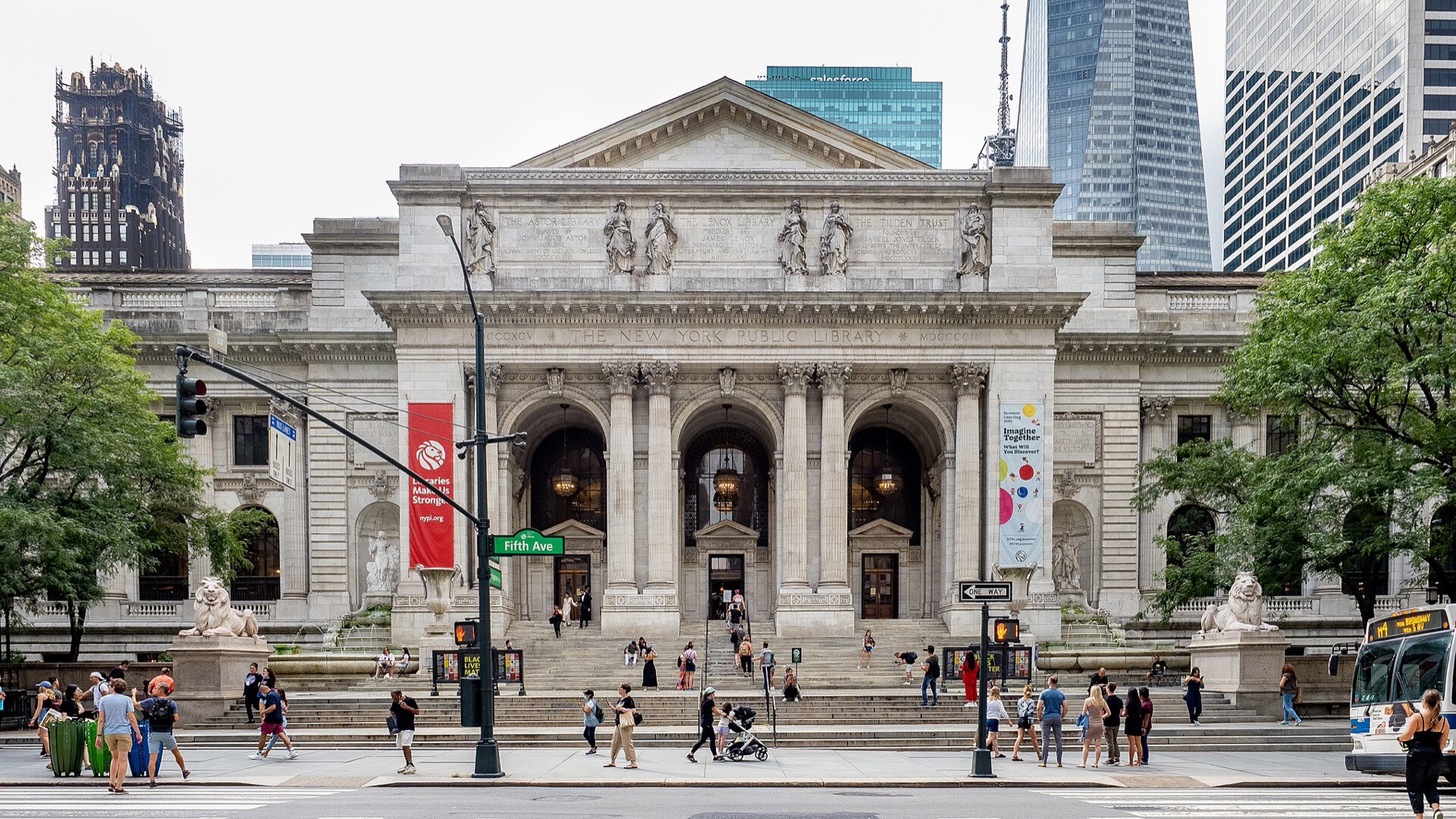 The marble facade and steps of the New York Public Library